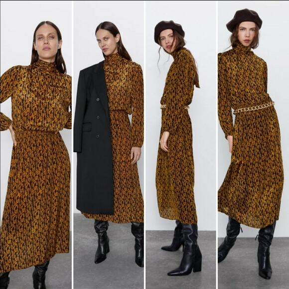 Zara Dresses & Skirts - Zara Abstract Print Scarf Neck Maxi Dress Gold Black S
